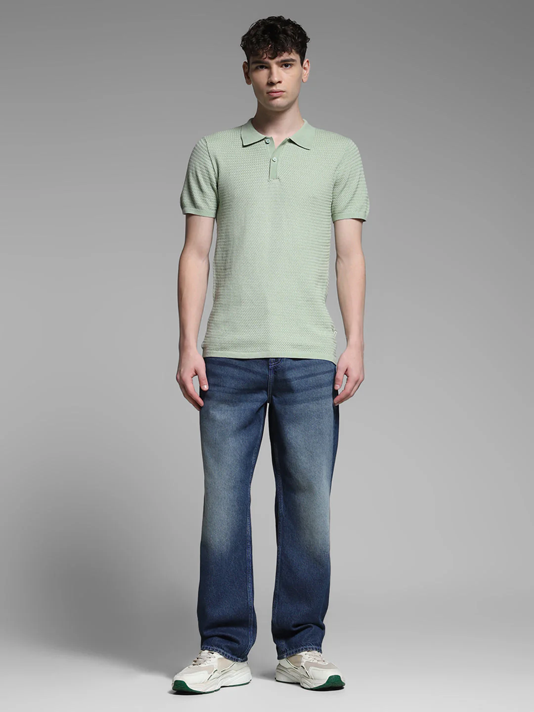 Men Solid Green Cotton Textured Knit Slim Fit Polo T-Shirt - Image 6