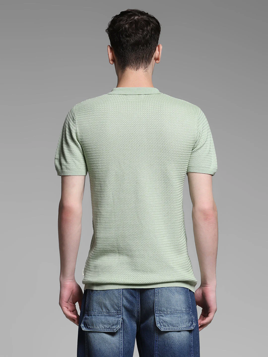 Men Solid Green Cotton Textured Knit Slim Fit Polo T-Shirt - Image 9