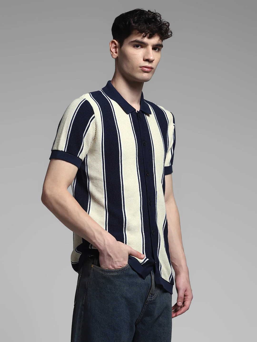 Men's Navy Blue & Cream Striped Cotton Slim Fit Polo T-Shirt - Image 3