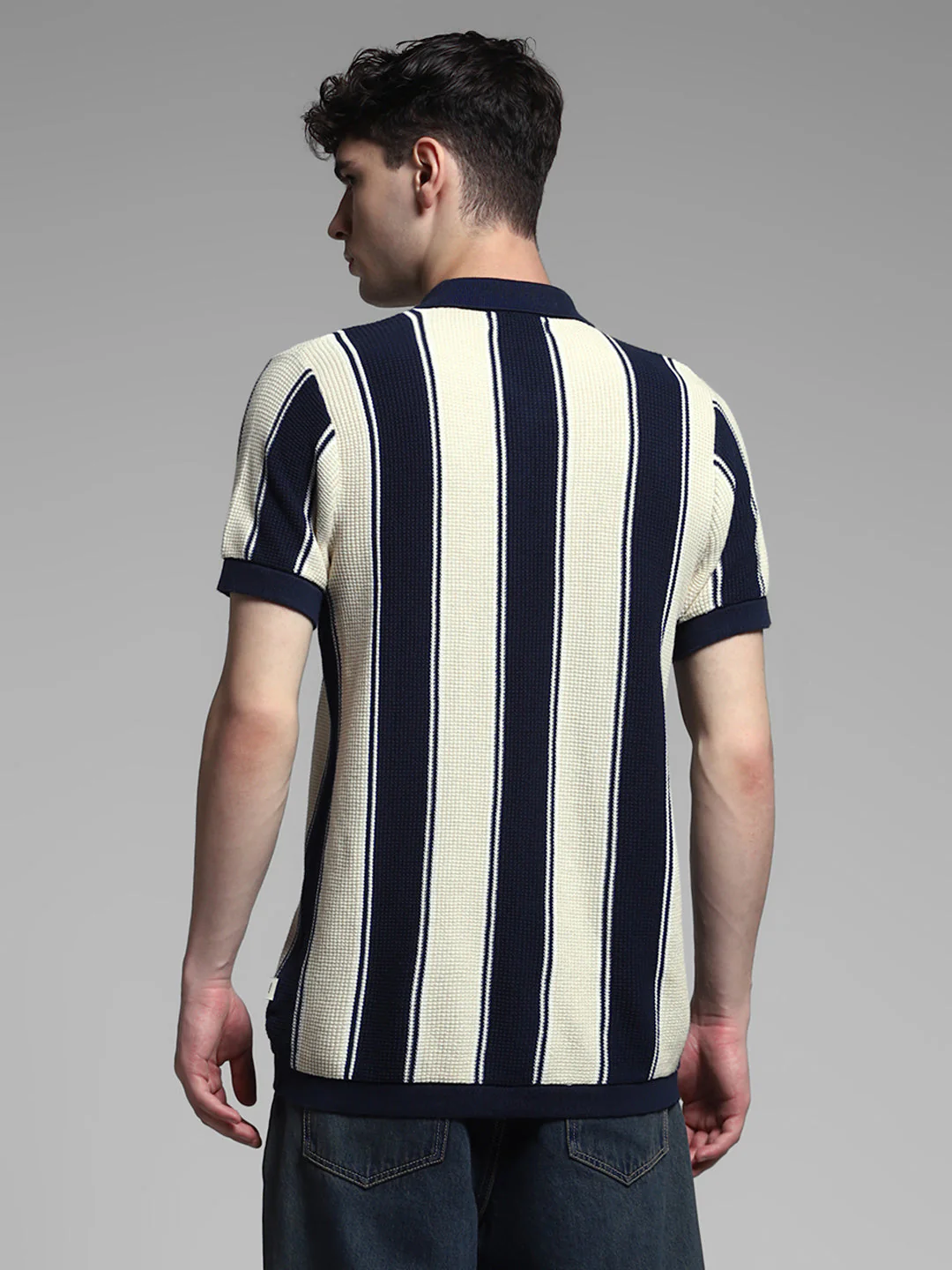 Men's Navy Blue & Cream Striped Cotton Slim Fit Polo T-Shirt - Image 4
