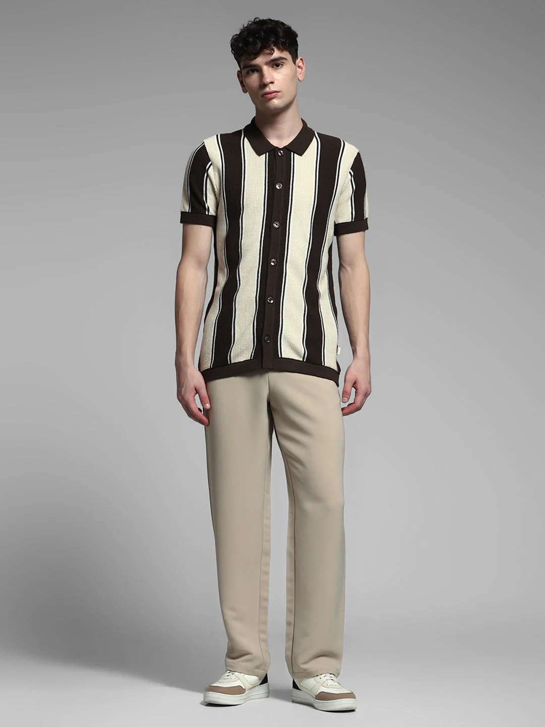 Men Cotton Striped Slim Fit Knitted Polo T-Shirt In Brown - Image 6