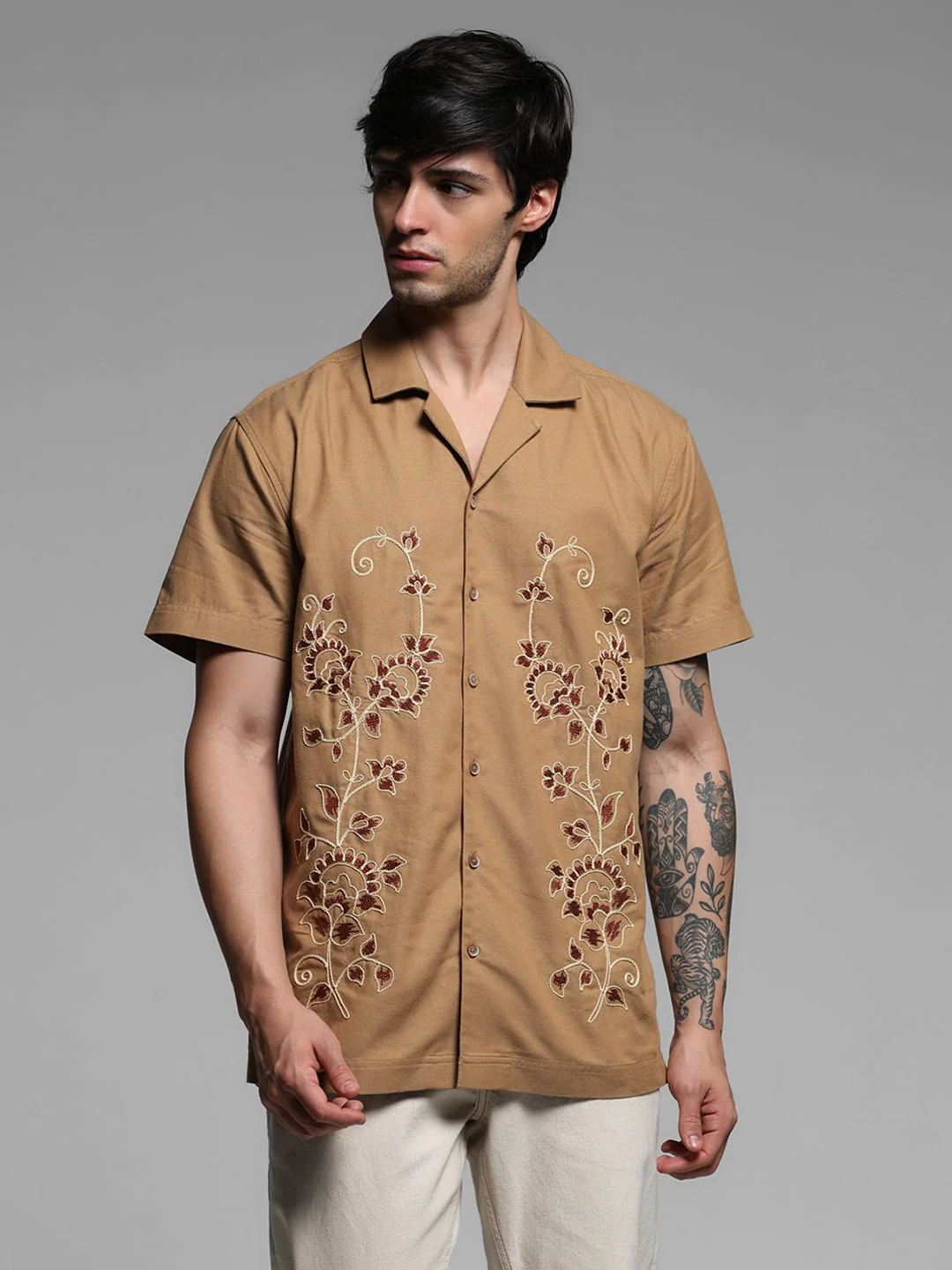 Beige Embroidered Cotton Shirt - Image 2