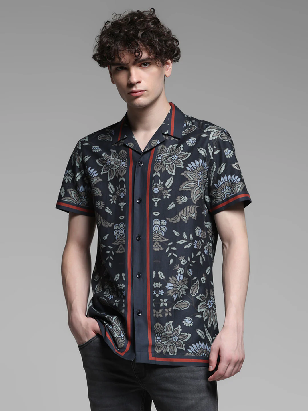 Dark Blue Floral Print Tencel Shirt - Image 2