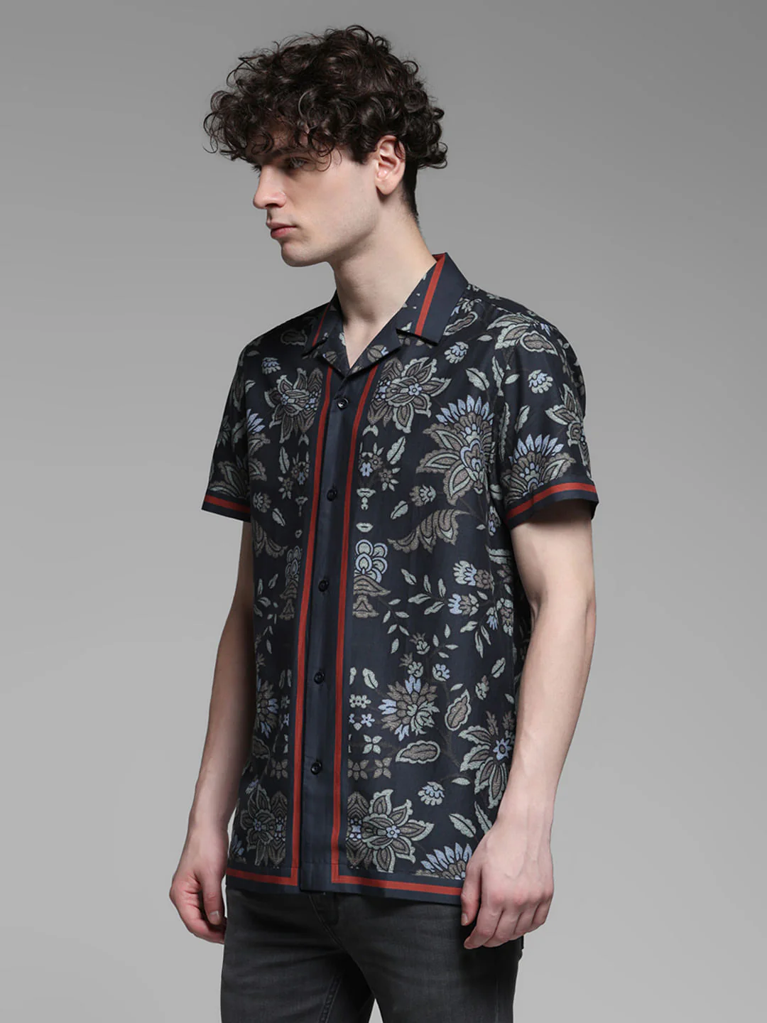 Dark Blue Floral Print Tencel Shirt - Image 3