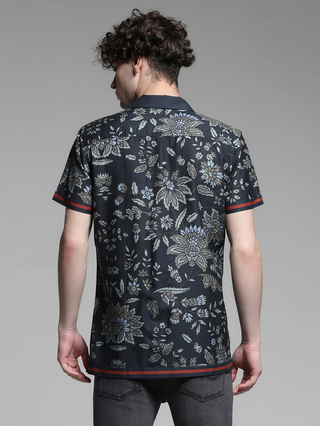 Dark Blue Floral Print Tencel Shirt - Image 4