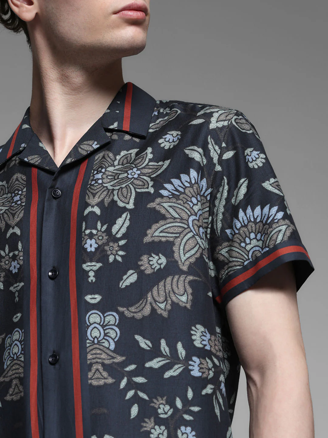 Dark Blue Floral Print Tencel Shirt - Image 5
