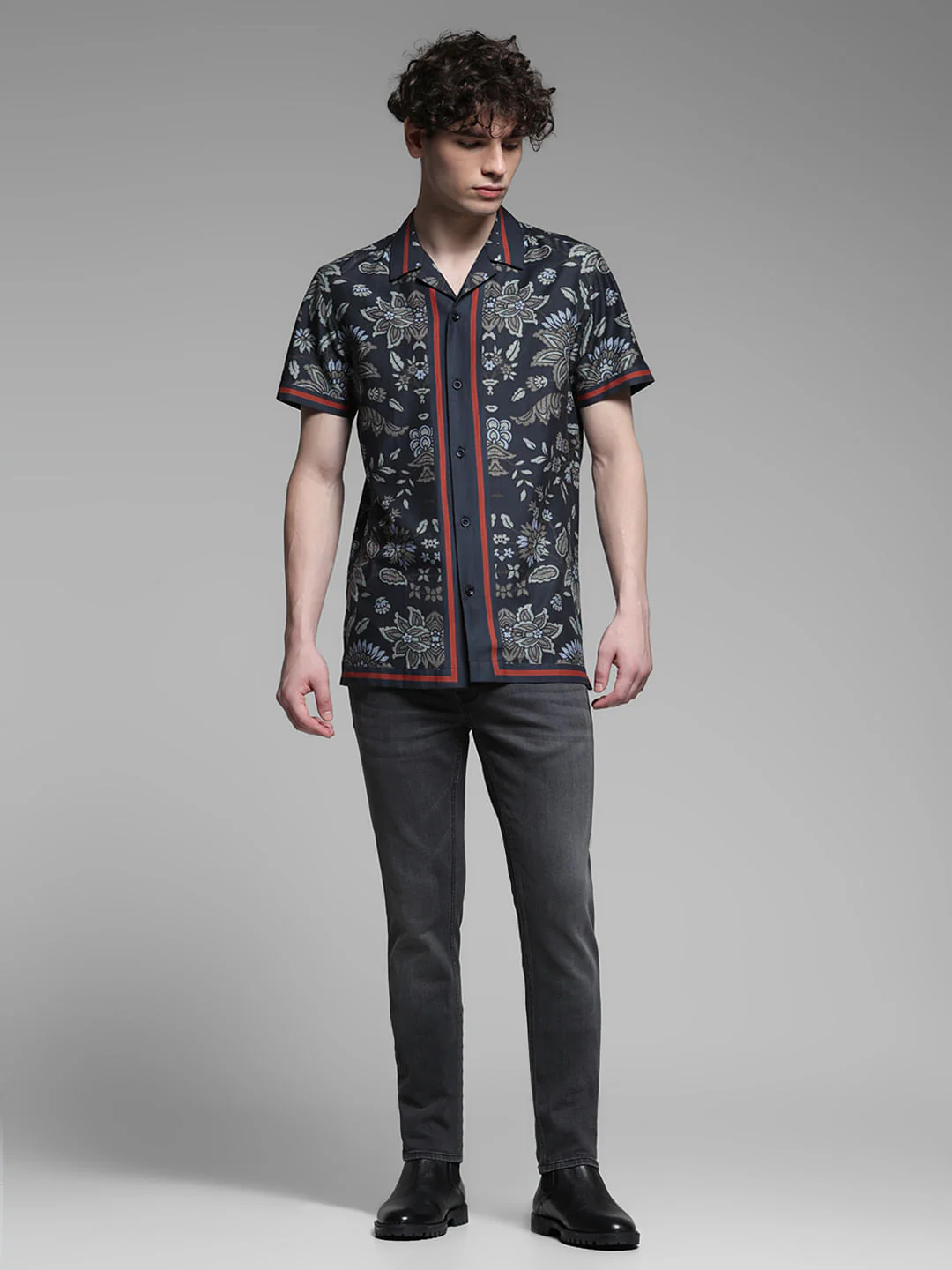 Dark Blue Floral Print Tencel Shirt - Image 6