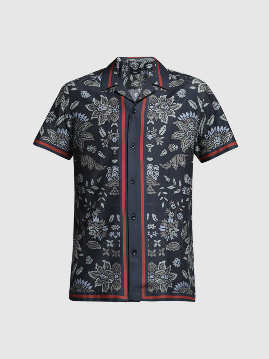 Dark Blue Floral Print Tencel Shirt - Image 7