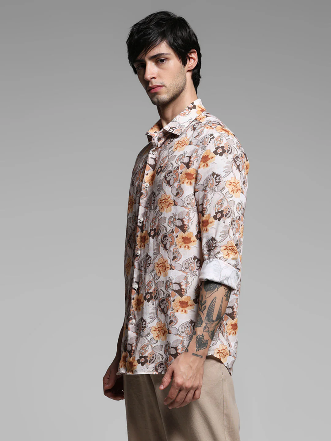 Beige Floral Print Lyocell Linen Shirt - Image 3