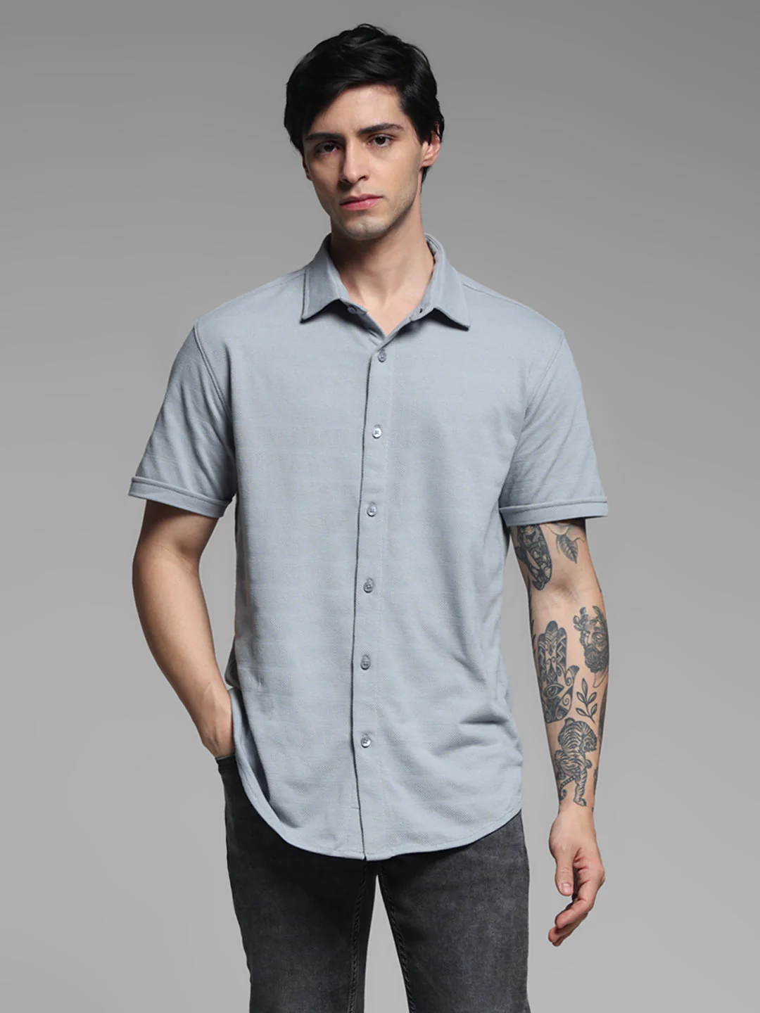 Men's Quarry Grey Slim Fit Knitted Solid Shirt - Image 2