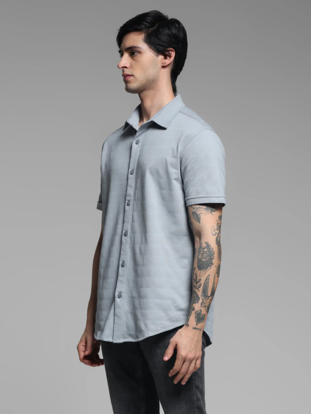 Men's Quarry Grey Slim Fit Knitted Solid Shirt - Image 3