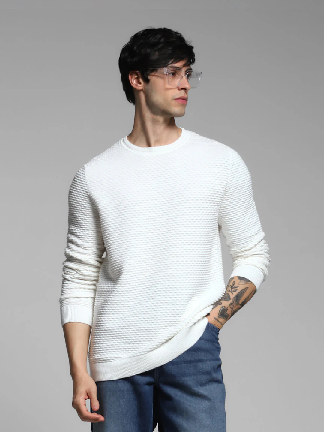 White Textured Crew Neck Pullover