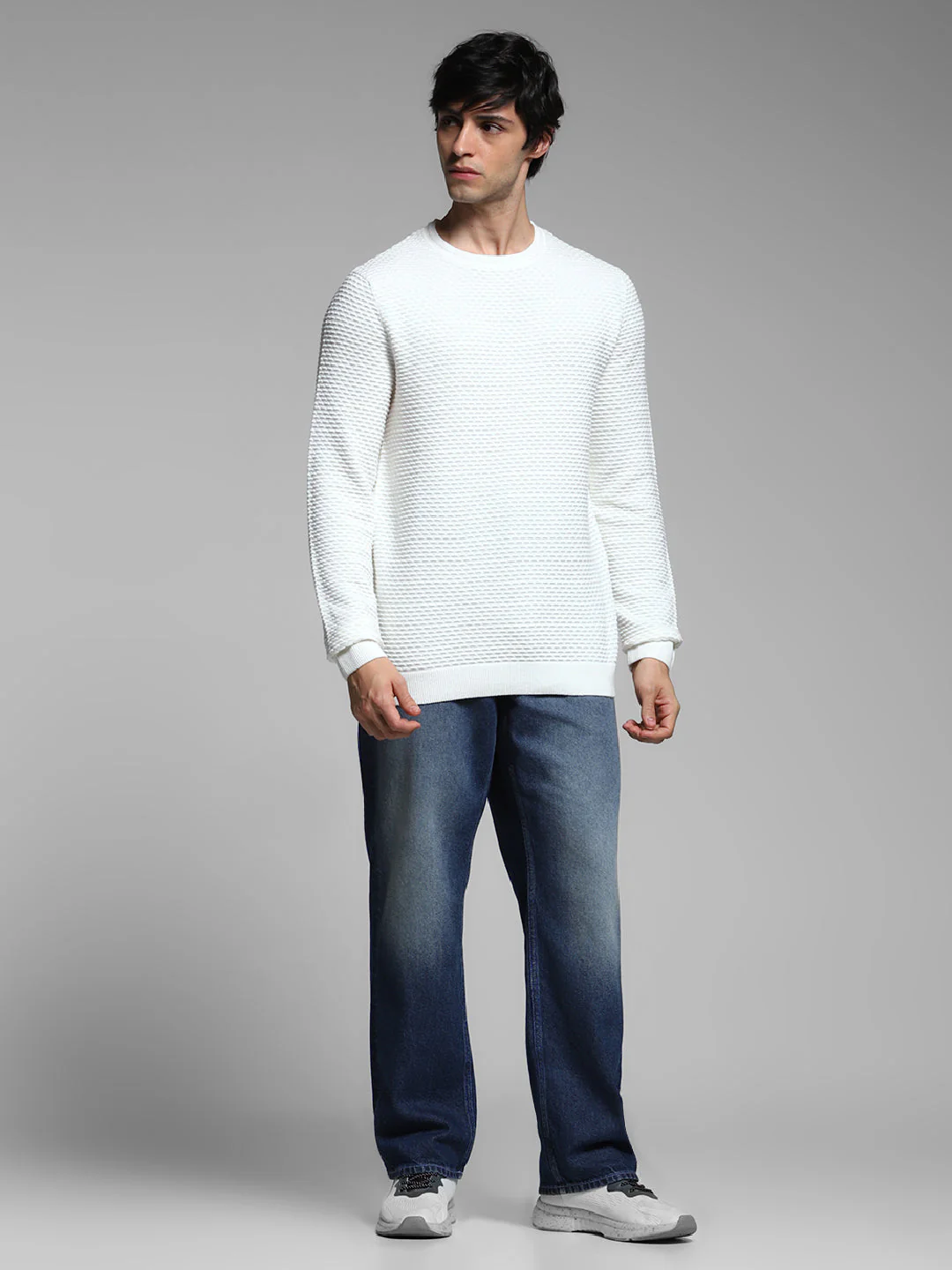 White Textured Crew Neck Pullover - Image 6