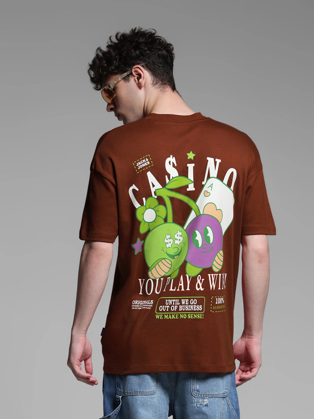 Men's Brown Oversized Cotton Graphic Crew Neck T-Shirt