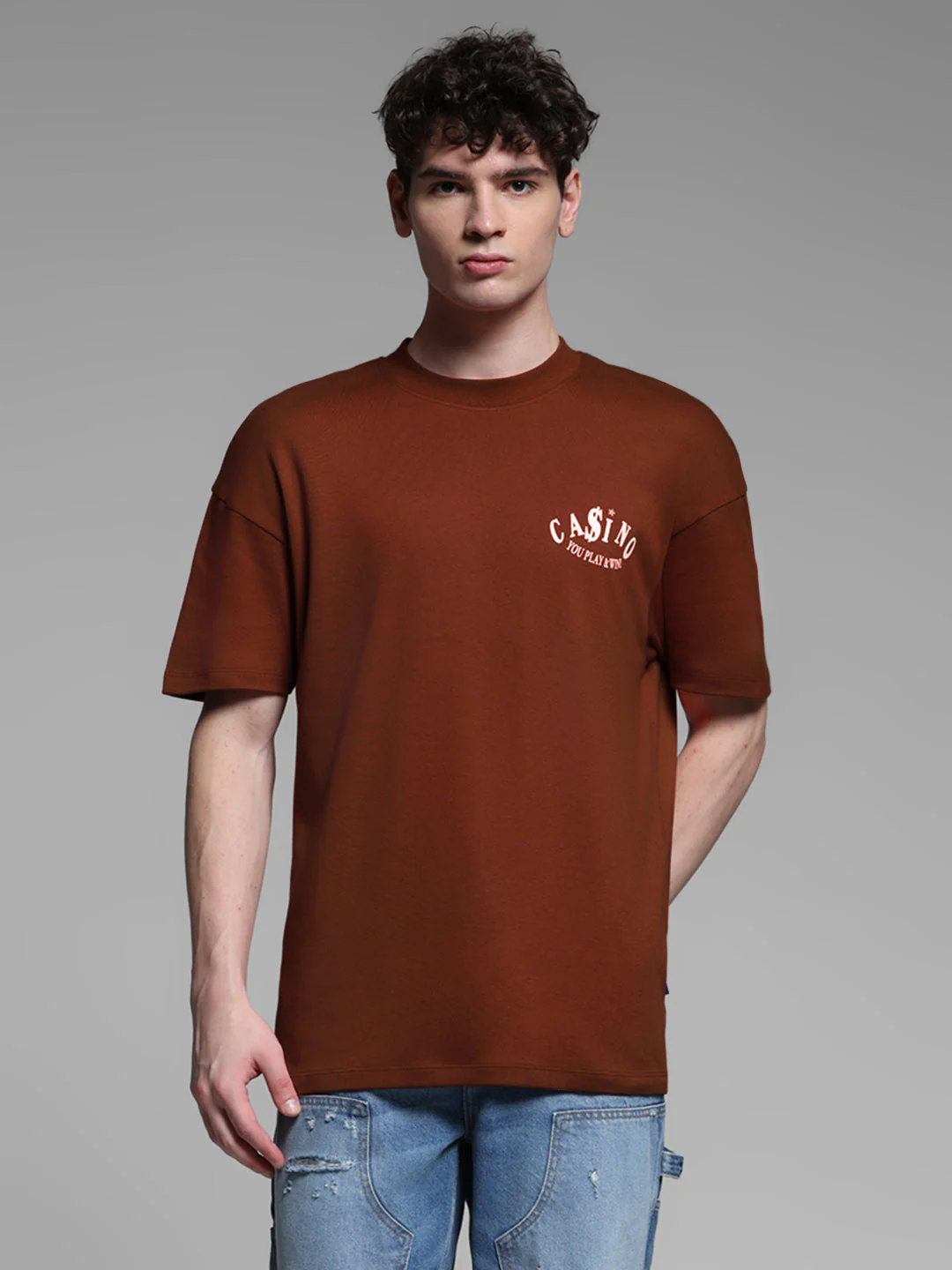 Men's Brown Oversized Cotton Graphic Crew Neck T-Shirt - Image 2