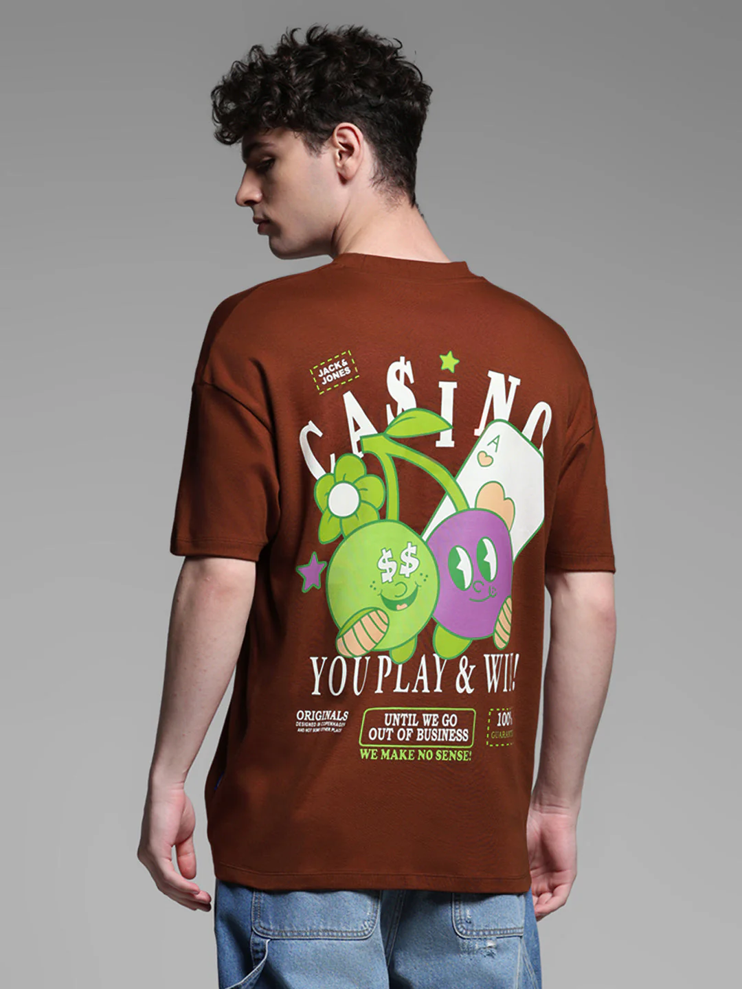 Men's Brown Oversized Cotton Graphic Crew Neck T-Shirt - Image 4