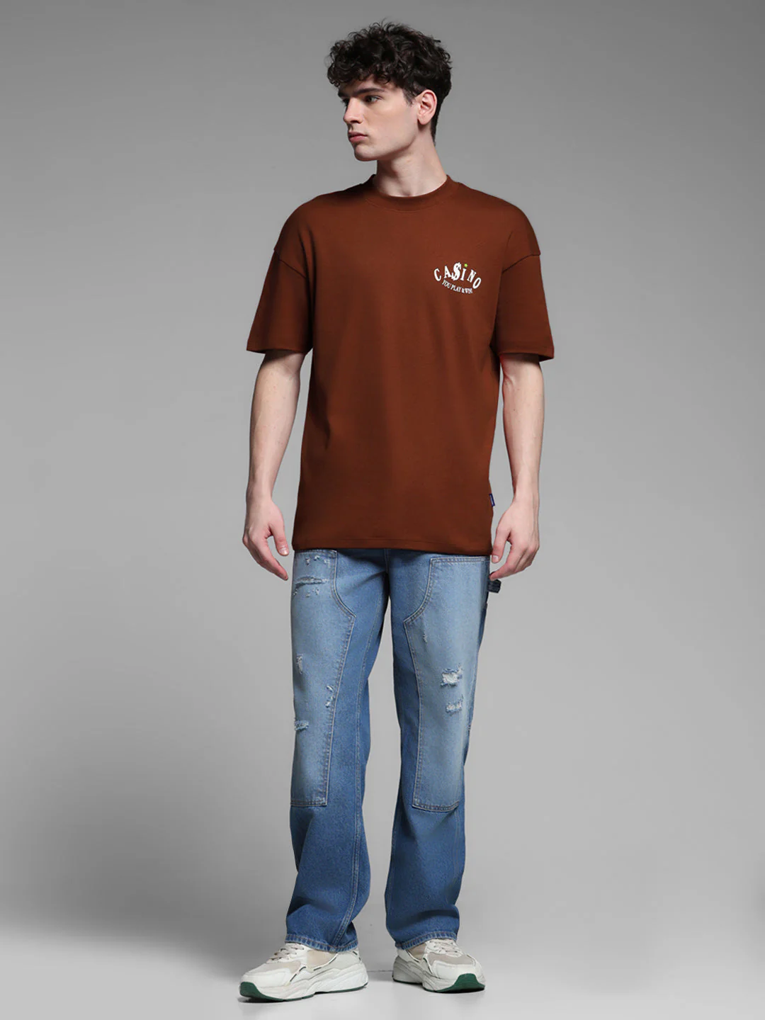 Men's Brown Oversized Cotton Graphic Crew Neck T-Shirt - Image 6