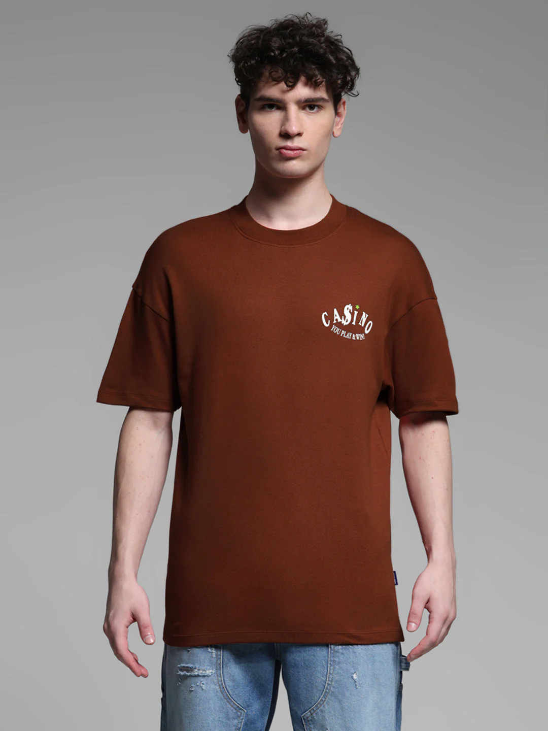 Men's Brown Oversized Cotton Graphic Crew Neck T-Shirt - Image 8