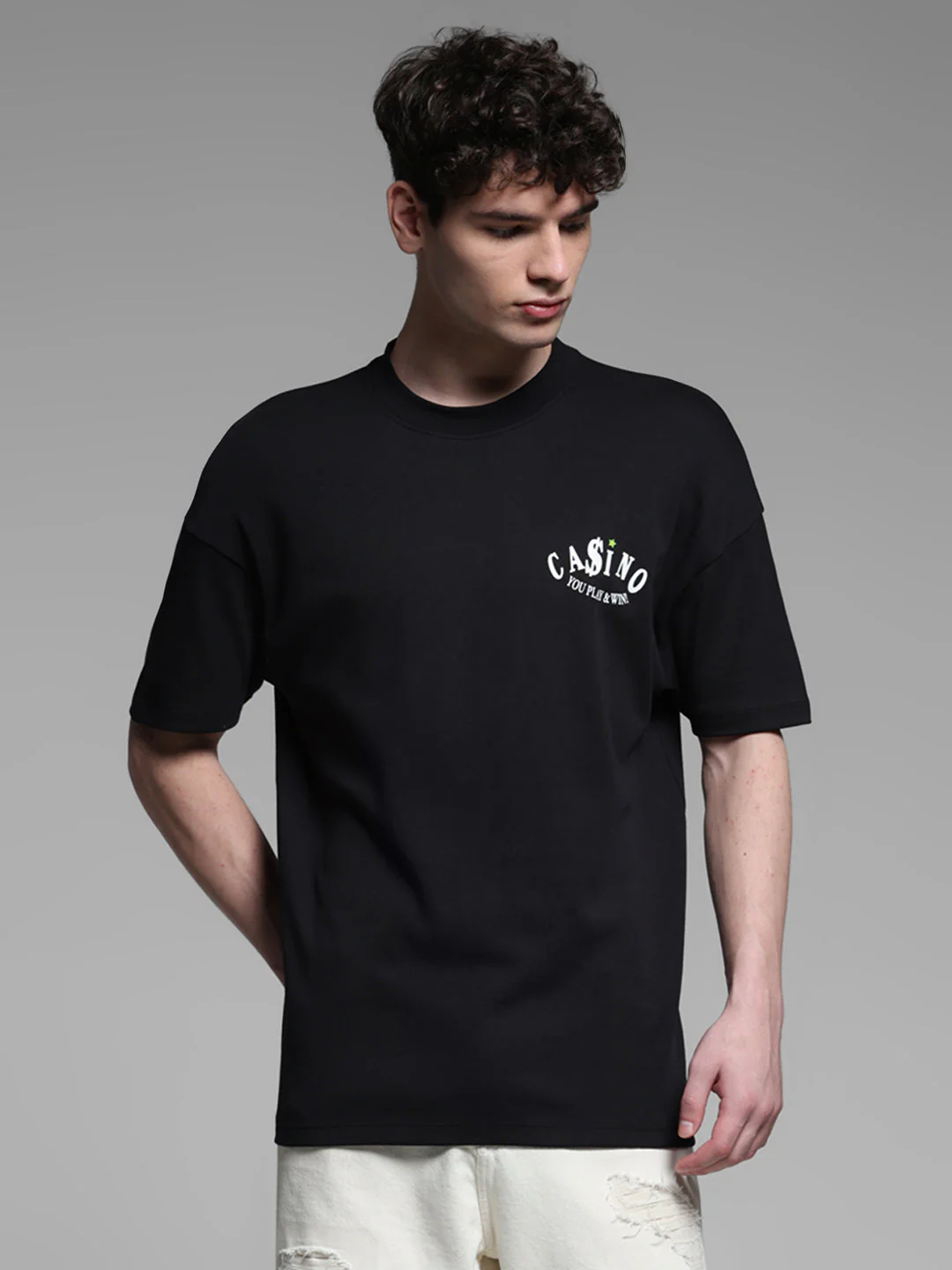 Men's Black Oversized Cotton Crew Neck Graphic T-Shirt - Image 2