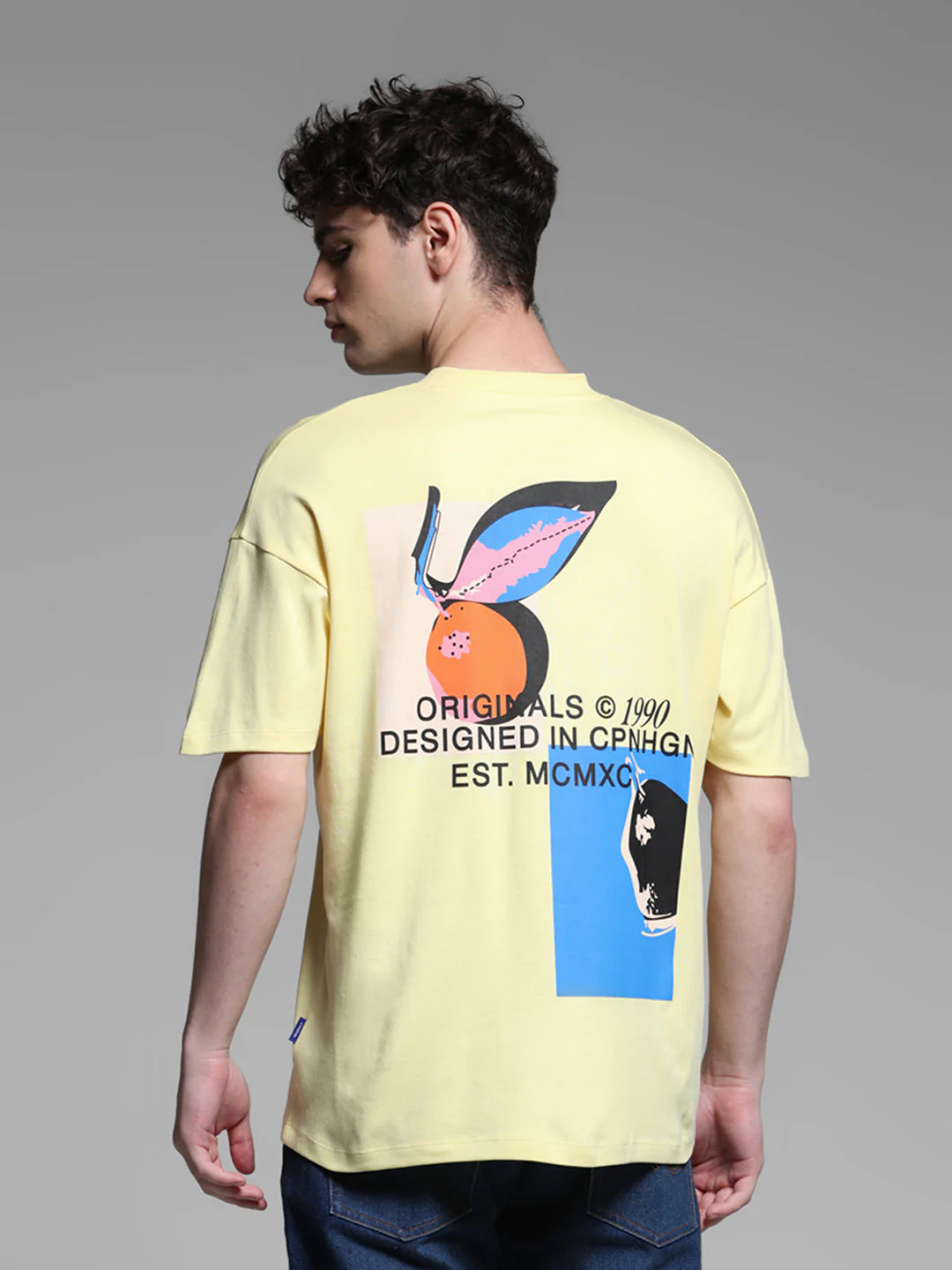 Men's Yellow Cotton Oversized Graphic Crew Neck T-Shirt