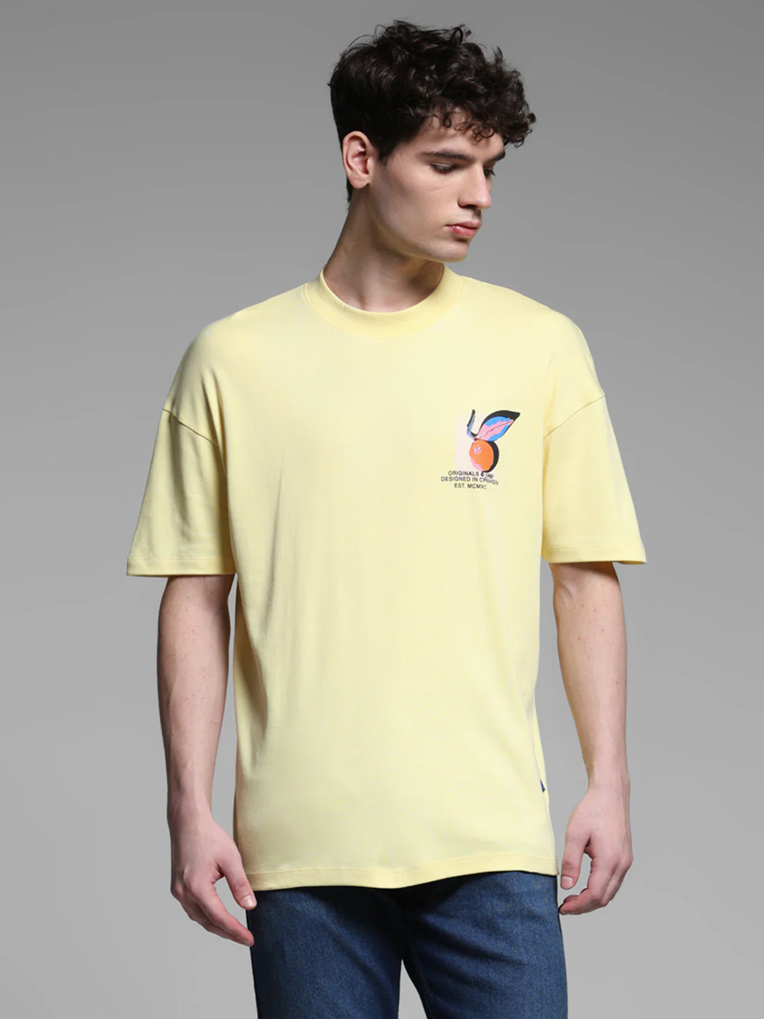 Men's Yellow Cotton Oversized Graphic Crew Neck T-Shirt - Image 2