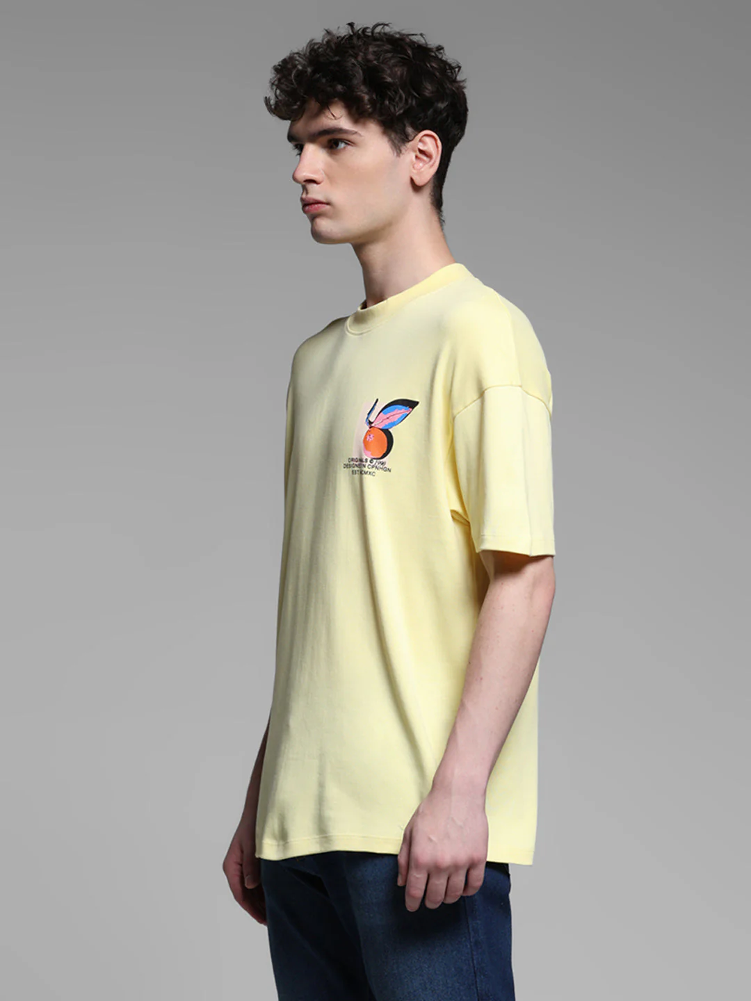Men's Yellow Cotton Oversized Graphic Crew Neck T-Shirt - Image 3