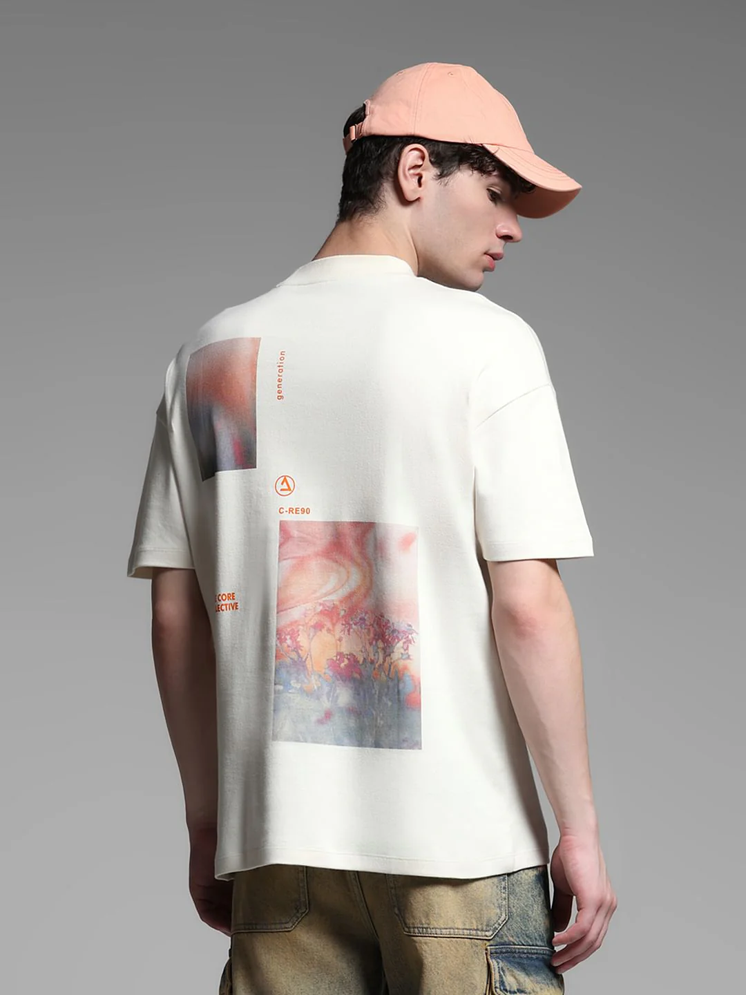 Beige Cotton Printed Oversized T-shirt