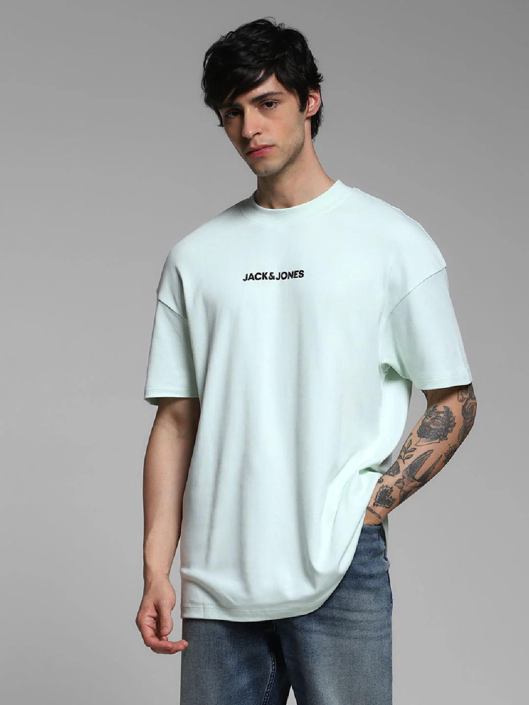 Men's Oversized Cotton Crew Neck Graphic T-Shirt - Clearly Aqua - Image 2