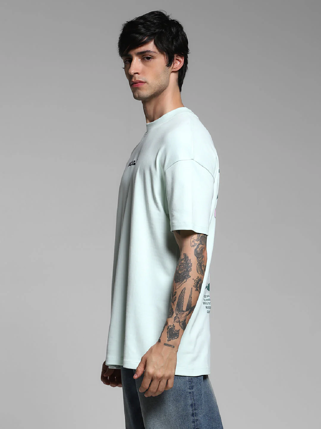 Men's Oversized Cotton Crew Neck Graphic T-Shirt - Clearly Aqua - Image 3