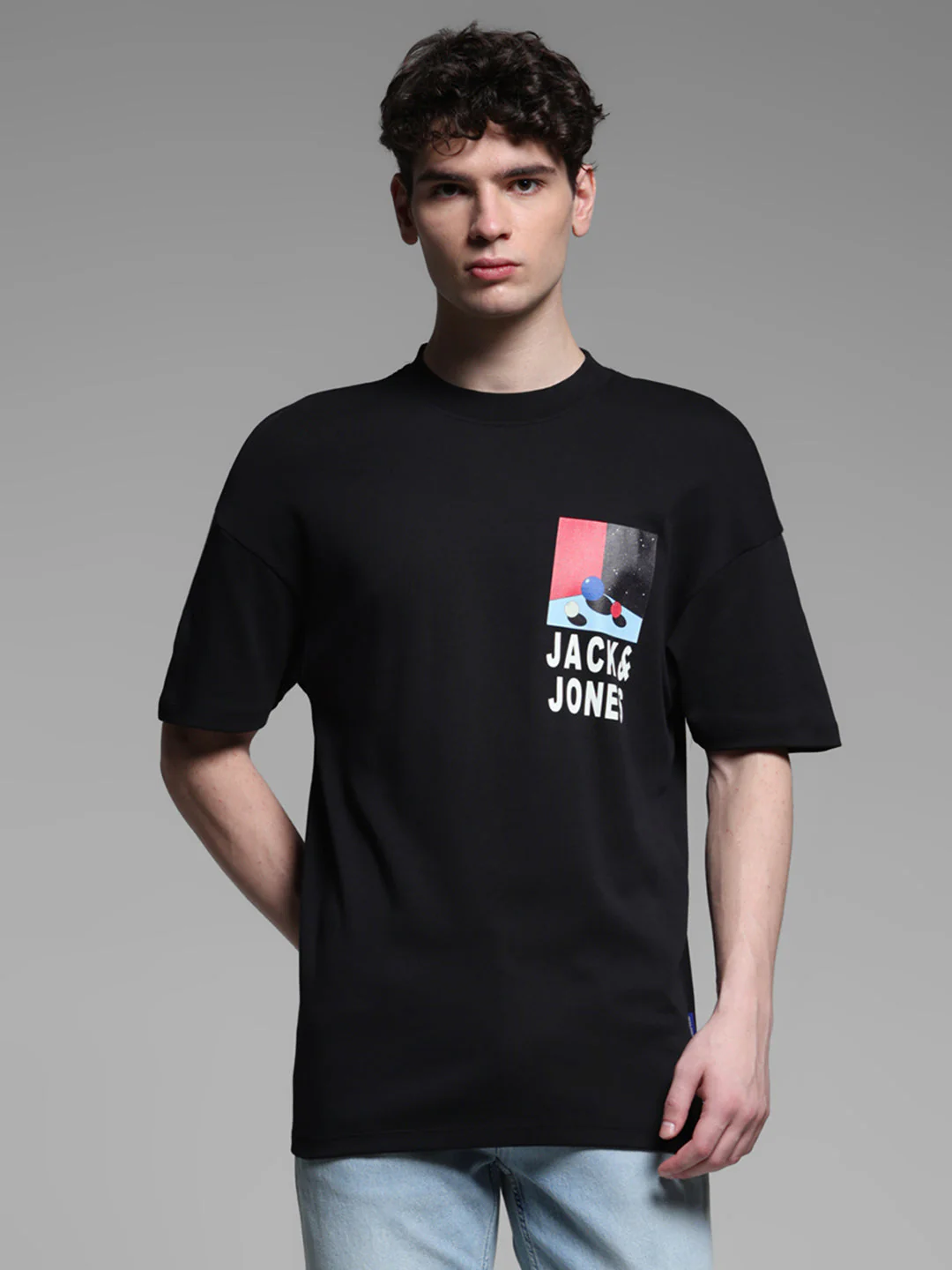 Black Printed Oversized Crew Neck T-shirt - Image 2