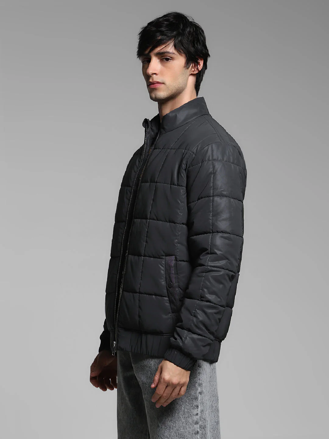 Men's Black Quilted Puffer Jacket With High Neck - Image 3