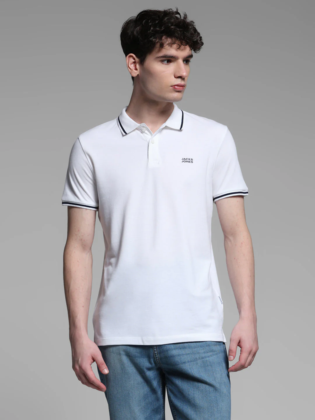 Men's White Regular Fit Solid Polo T-Shirt With Contrast Tipping - Image 2