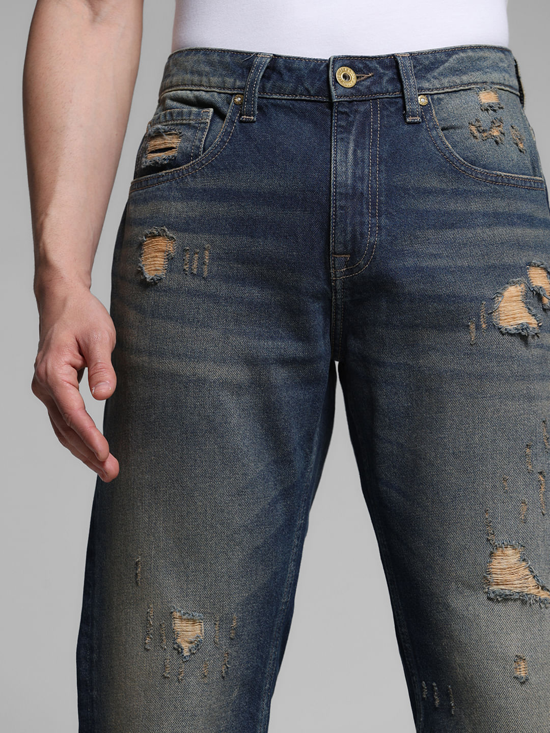 Dark Blue Distressed Bootcut Jeans - Image 4