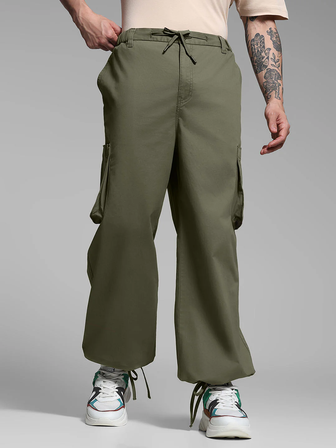 Olive Green Cotton Loose Fit Cargos