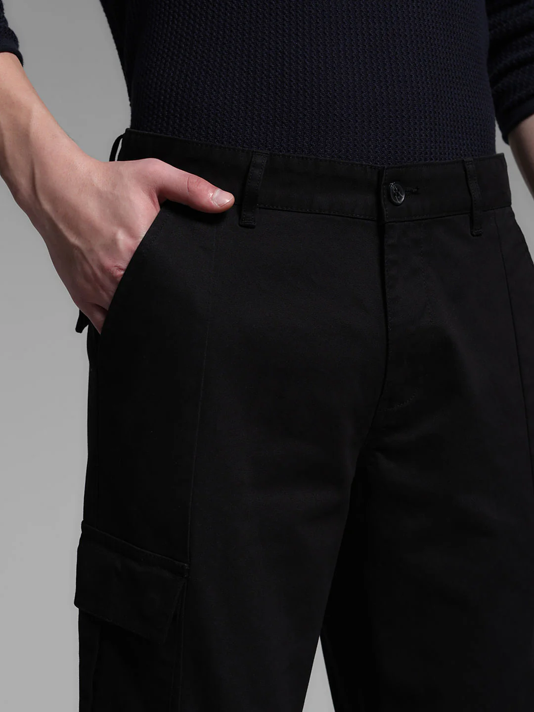 Black Mid Rise Regular Fit Cargos - Image 4