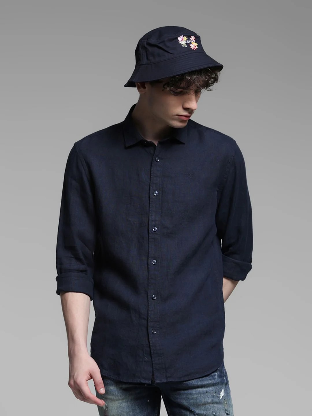 Linen Full Sleeves Shirt - Navy Blue
