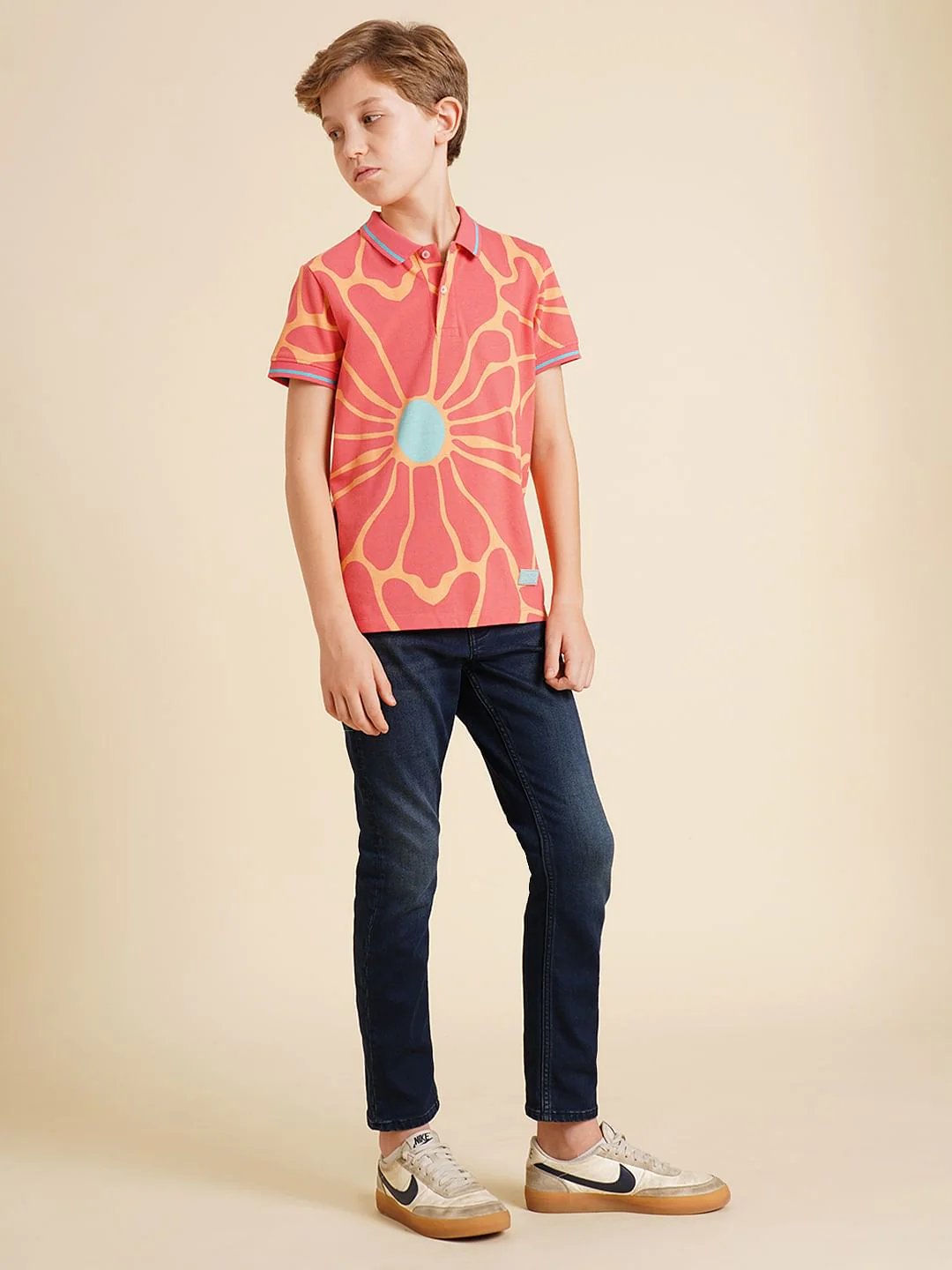 Boys Pink Printed Cotton Polo - Image 5