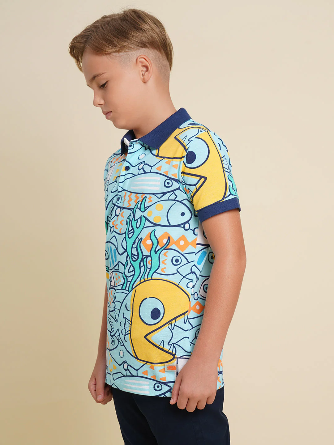 Boys Blue Fish Printed Polo - Image 3