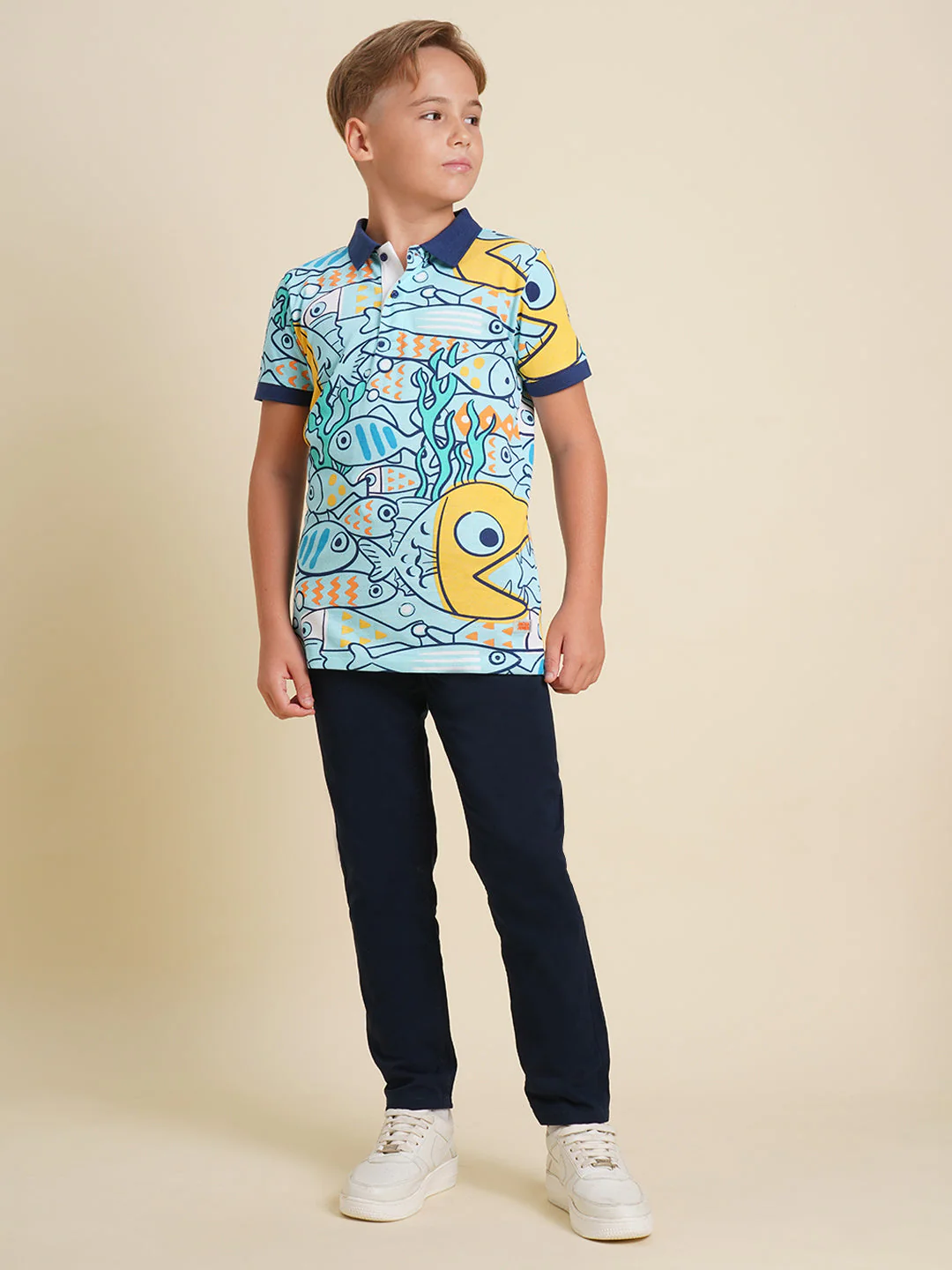 Boys Blue Fish Printed Polo - Image 5