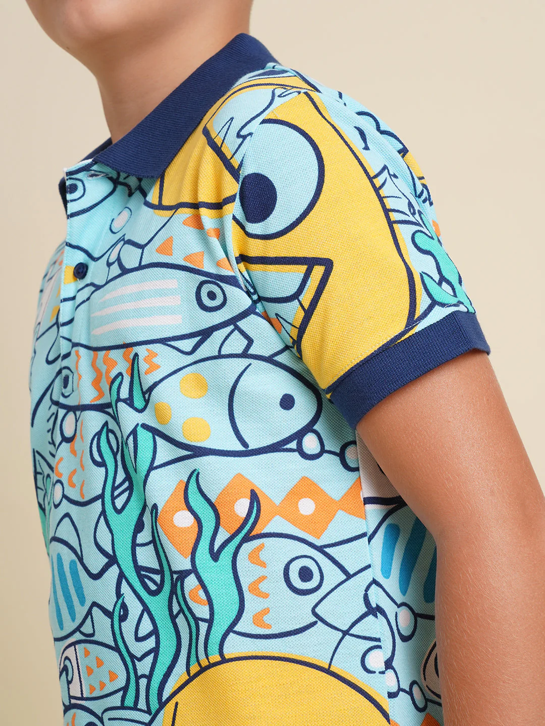 Boys Blue Fish Printed Polo - Image 6