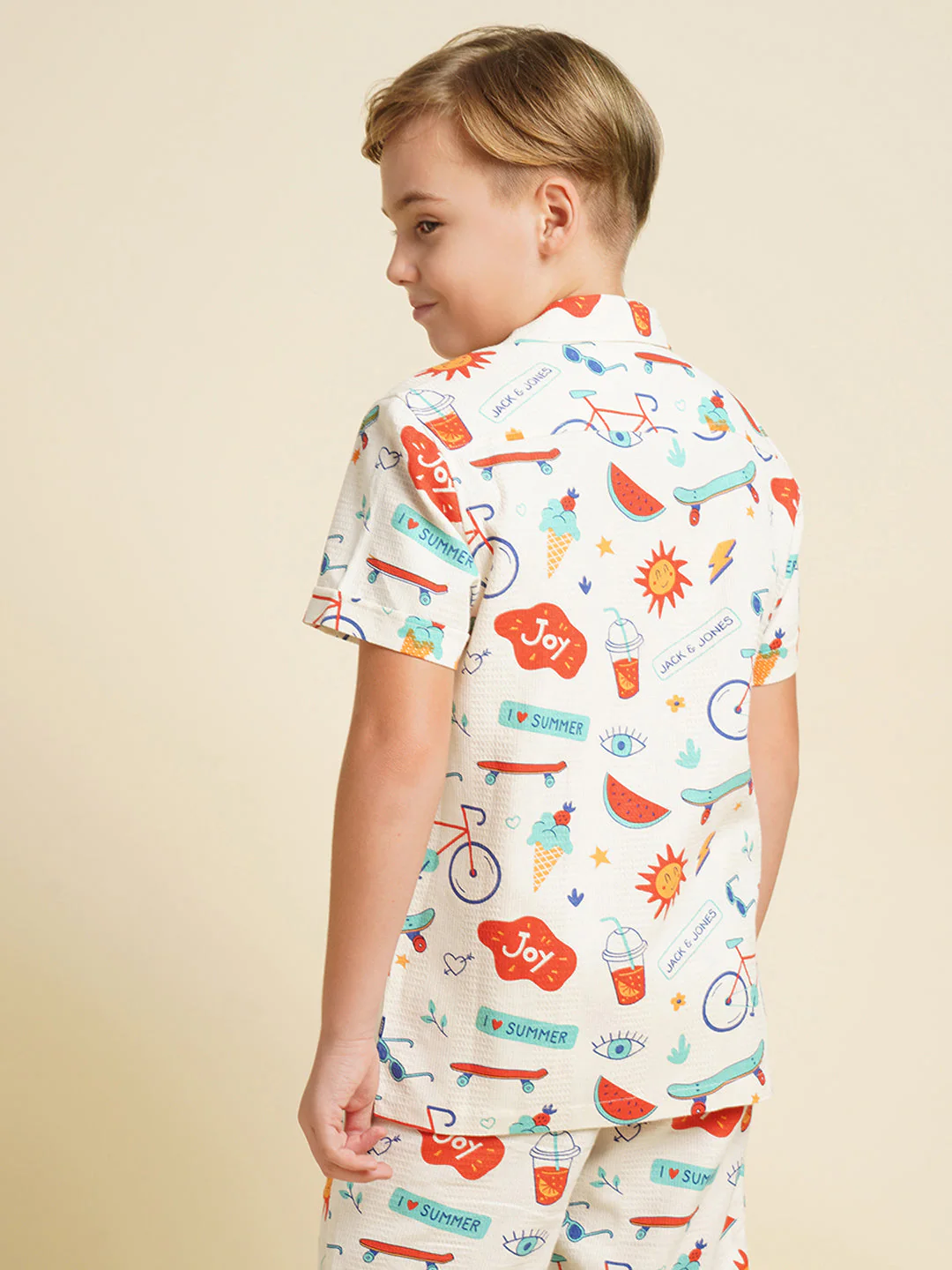 Boys Cotton Printed Resort Collar Shirt In White - Image 4