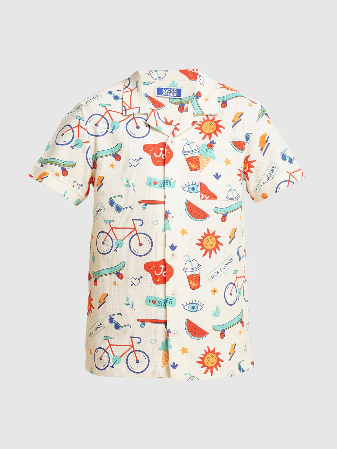 Boys Cotton Printed Resort Collar Shirt In White - Image 7