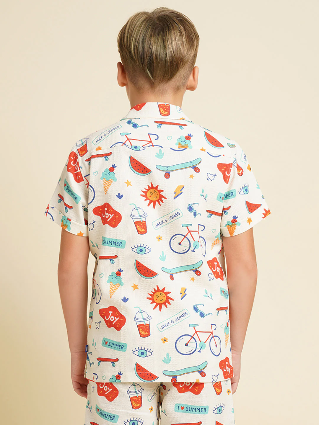 Boys Cotton Printed Resort Collar Shirt In White - Image 9