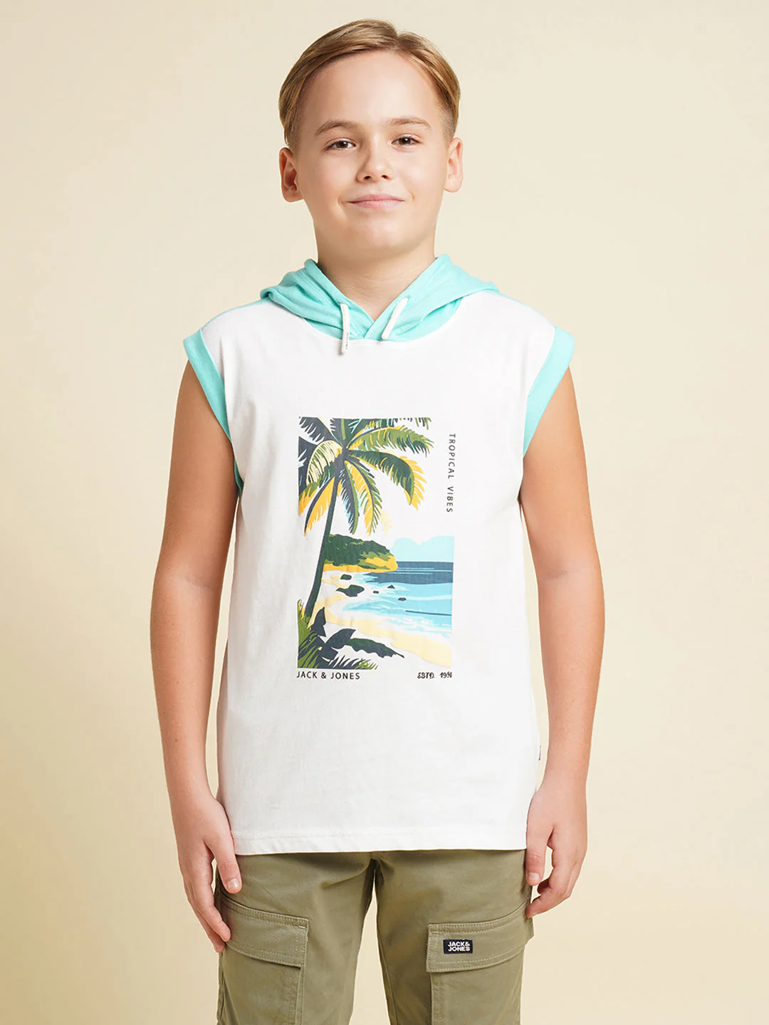 Boys Cotton Hooded Tank Top With Tropical Chest Print - White - Image 8