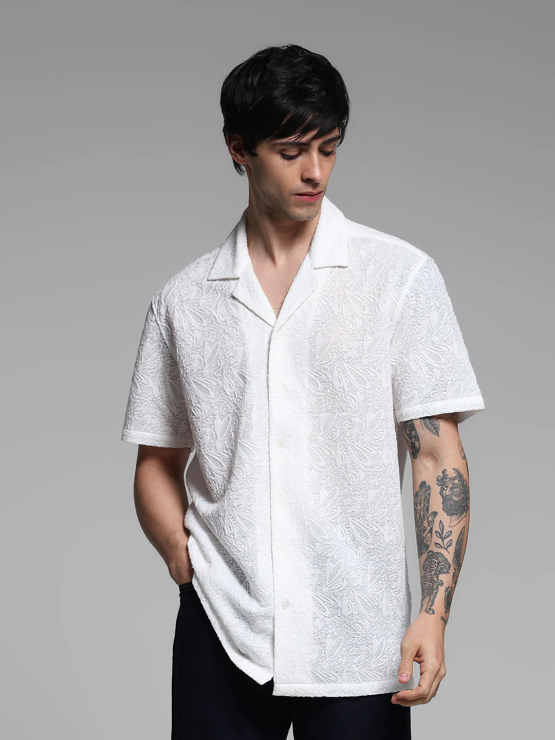 White Resort Collar Textured Shirt