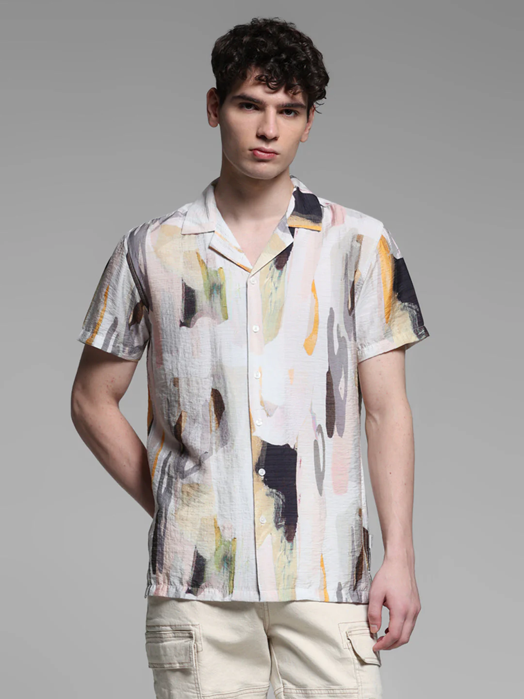 Men's Grey Abstract Printed Resort Collar Shirt Regular Fit - Image 2