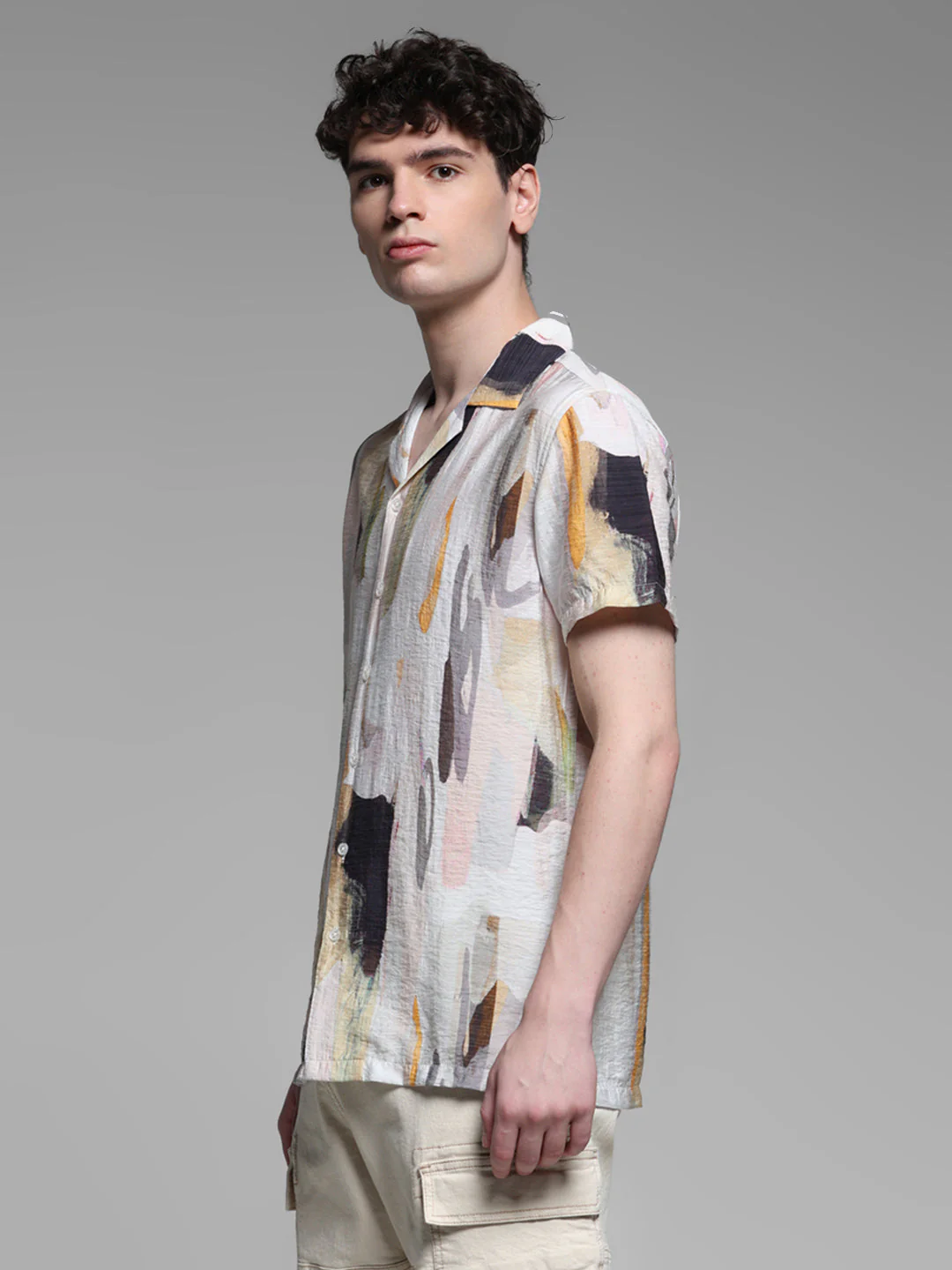 Men's Grey Abstract Printed Resort Collar Shirt Regular Fit - Image 3