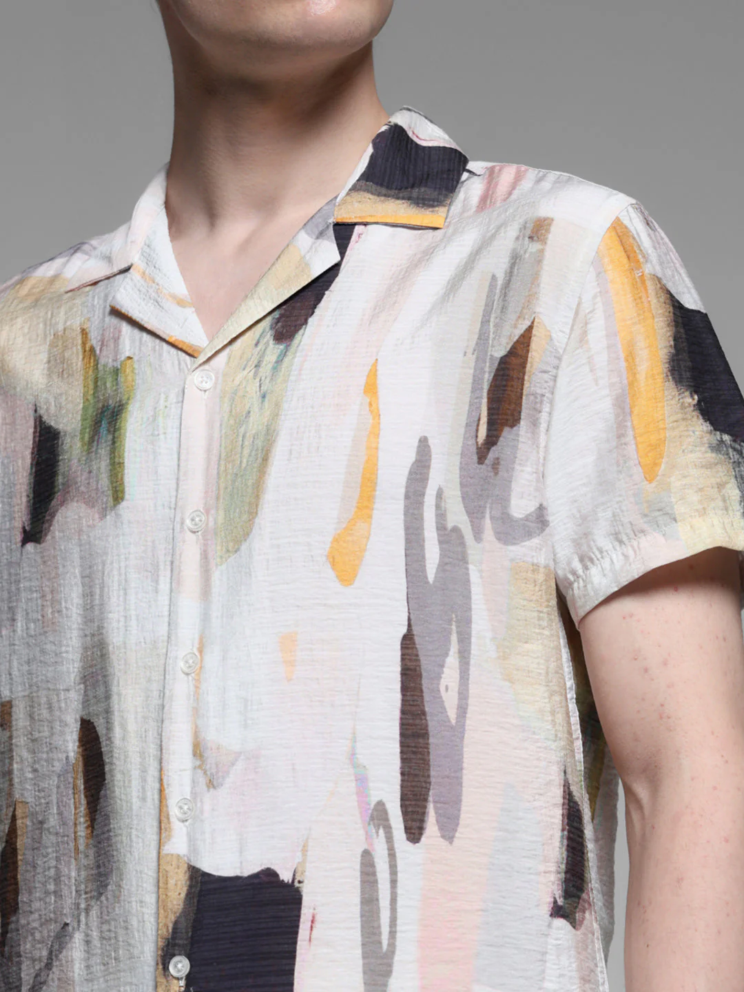 Men's Grey Abstract Printed Resort Collar Shirt Regular Fit - Image 5
