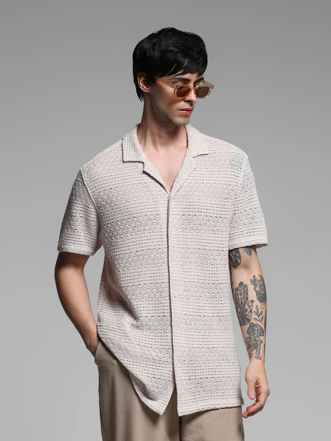 Beige Textured Resort Collar Shirt