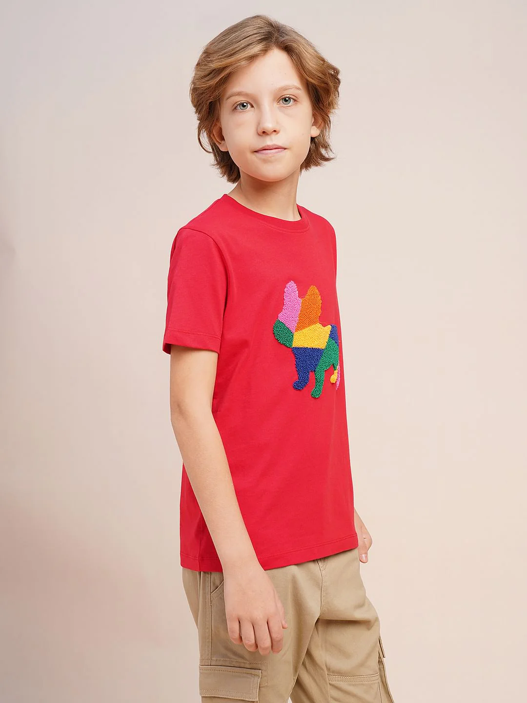 Boys Red Embroidered Doggo Print T-shirt - Image 3
